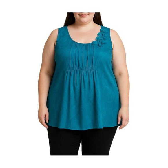 Perseption Women Blue Pleated Front Sleeveless Floral Applique Top 2X - Picture 1 of 7